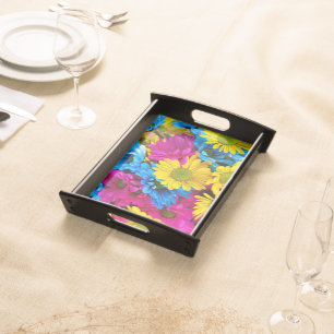 Colorful Flowers, Daisies - Blue Yellow Pink Serving Tray