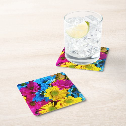 Colorful Flowers Daisies _ Blue Yellow Pink Square Paper Coaster