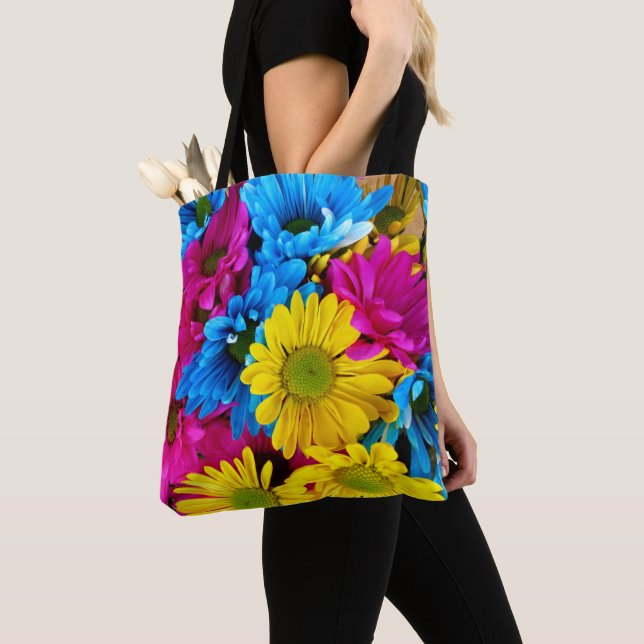 Colorful Flowers, Daisies - Blue Yellow Pink Tote Bag (Close Up)