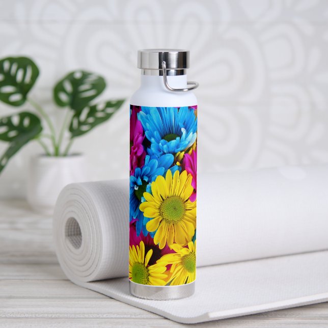 Colorful Flowers, Daisies - Blue Yellow Pink Water Bottle (Yoga)