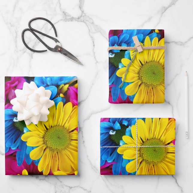 Colorful Flowers, Daisies - Blue Yellow Pink Wrapping Paper Sheets (Front)