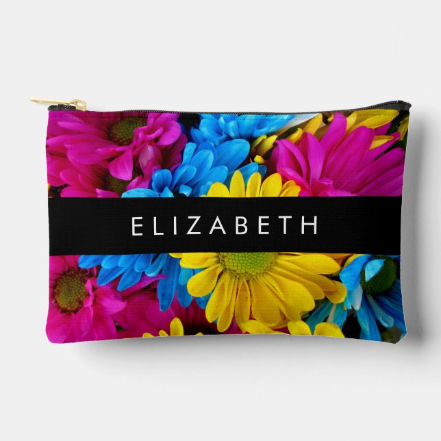 Colorful Flowers, Daisies, Boho, Your Name Accessory Pouch (Front)