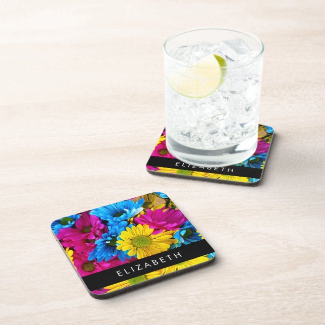 Colorful Flowers, Daisies, Boho, Your Name Beverage Coaster (Right Side)