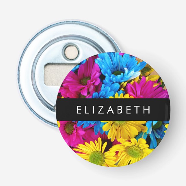 Colorful Flowers, Daisies, Boho, Your Name Bottle Opener (Front)
