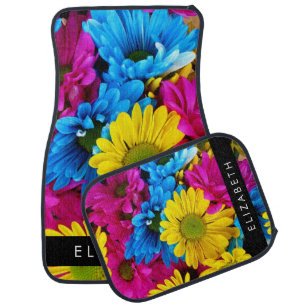 Colorful Flowers, Daisies, Boho, Your Name Car Floor Mat