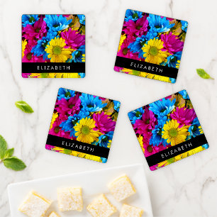Colorful Flowers, Daisies, Boho, Your Name Coaster Set