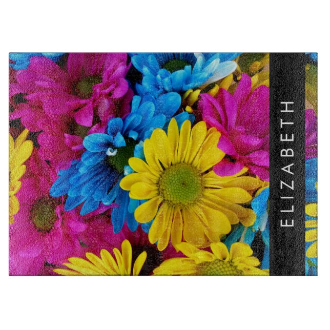 Colorful Flowers, Daisies, Boho, Your Name Cutting Board (Front)
