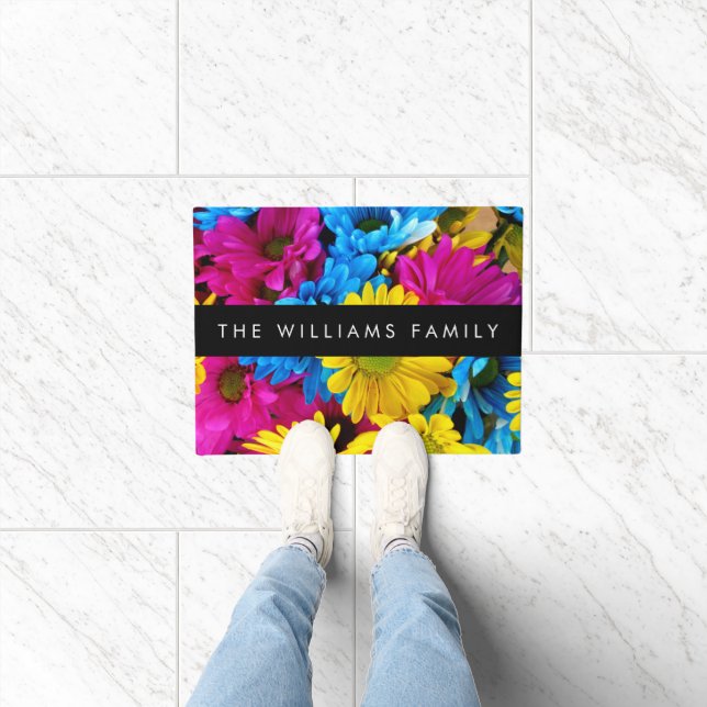 Colorful Flowers, Daisies, Boho, Your Name Doormat (Indoor)