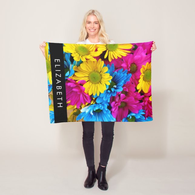 Colorful Flowers, Daisies, Boho, Your Name Fleece Blanket (In Situ)