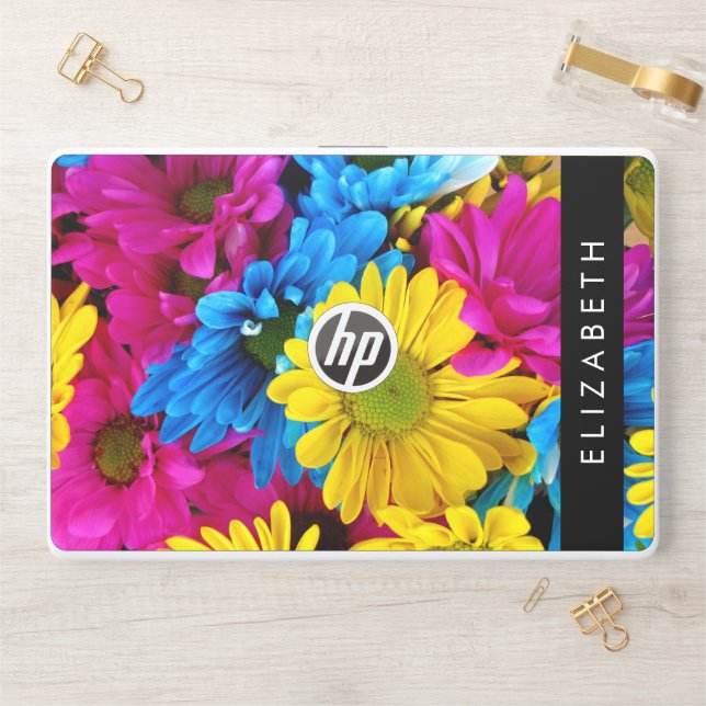 Colorful Flowers, Daisies, Boho, Your Name HP Laptop Skin (Desk)
