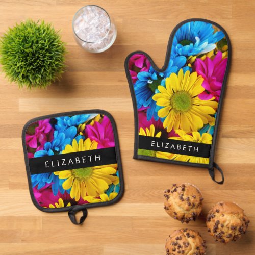Colorful Flowers Daisies Boho Your Name Oven Mitt  Pot Holder Set