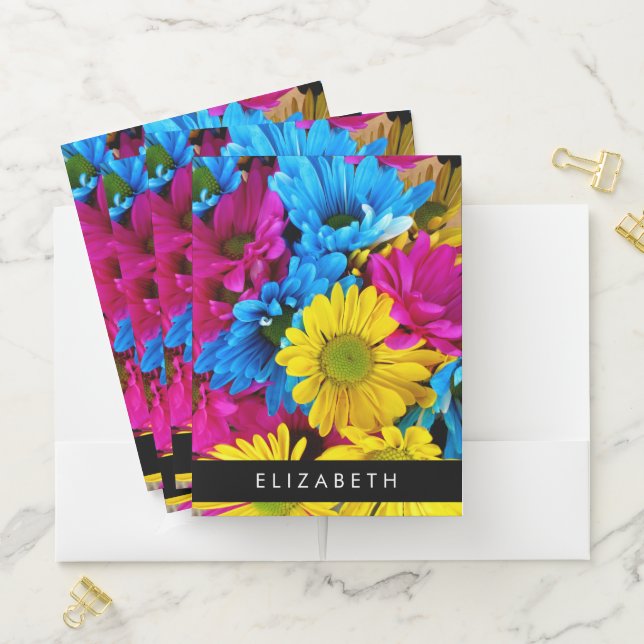 Colorful Flowers, Daisies, Boho, Your Name Pocket Folder (In Situ)