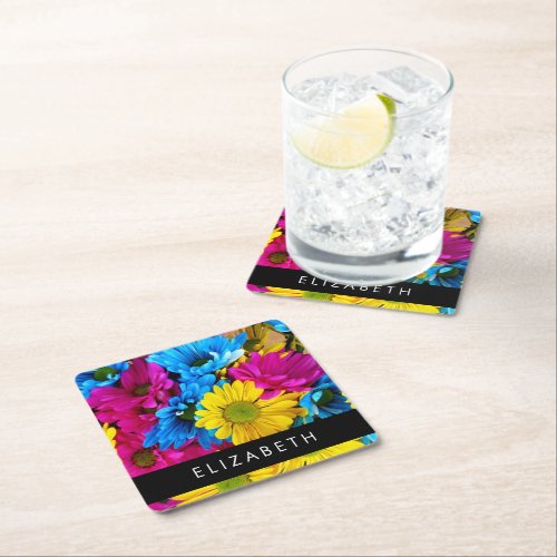 Colorful Flowers Daisies Boho Your Name Square Paper Coaster