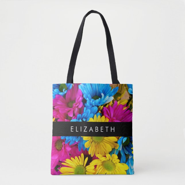 Colorful Flowers, Daisies, Boho, Your Name Tote Bag (Front)