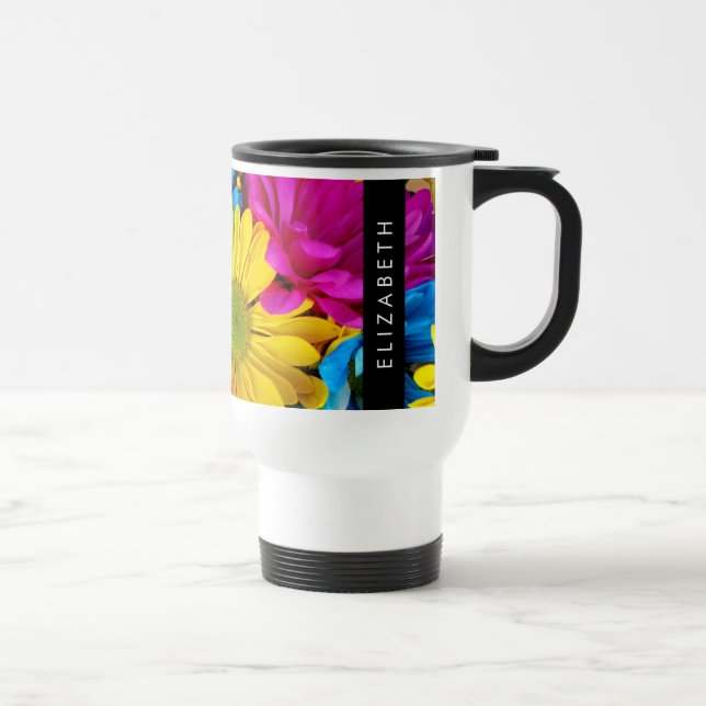 Colorful Flowers, Daisies, Boho, Your Name Travel Mug (Right)