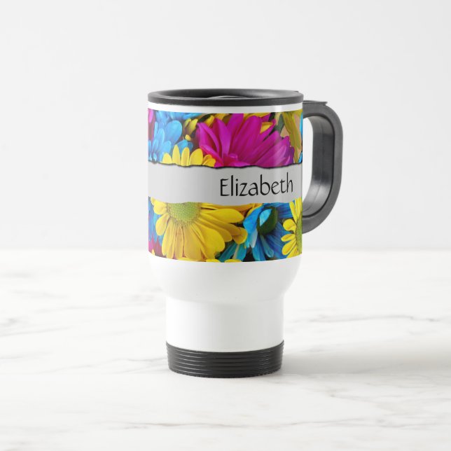 Colorful Flowers, Daisy, Daisies, Your Name Travel Mug (Front Right)