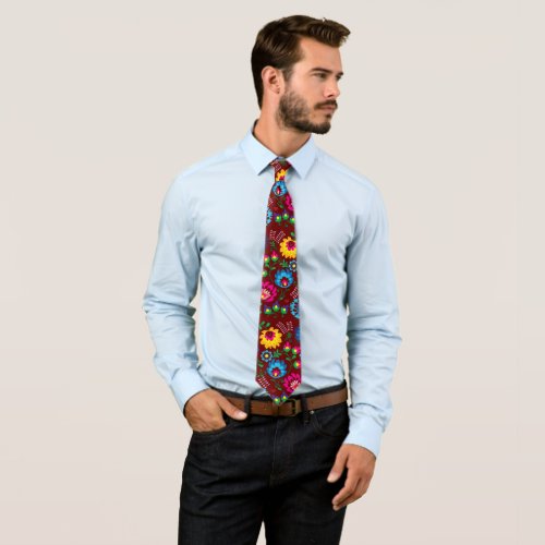 Colorful flowers dark red style tie