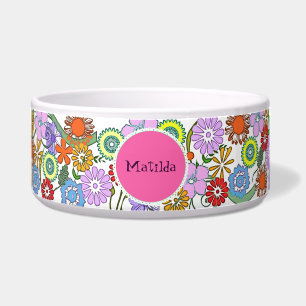 Colorful Flowers Dog Ceramic Bowl