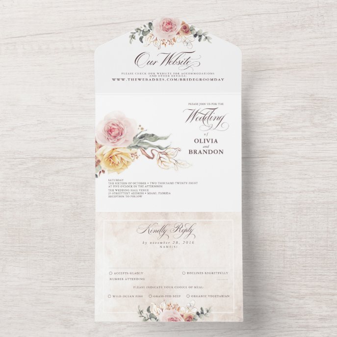 Colorful Flowers Elegant Boho Wedding All In One Invitation