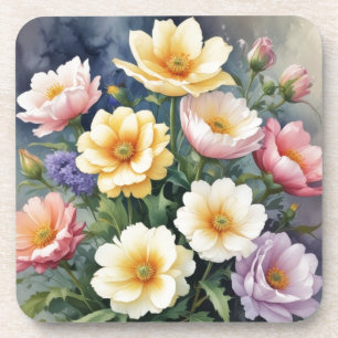 Colorful Flowers Elegant Watercolor Painting Beverage Coaster