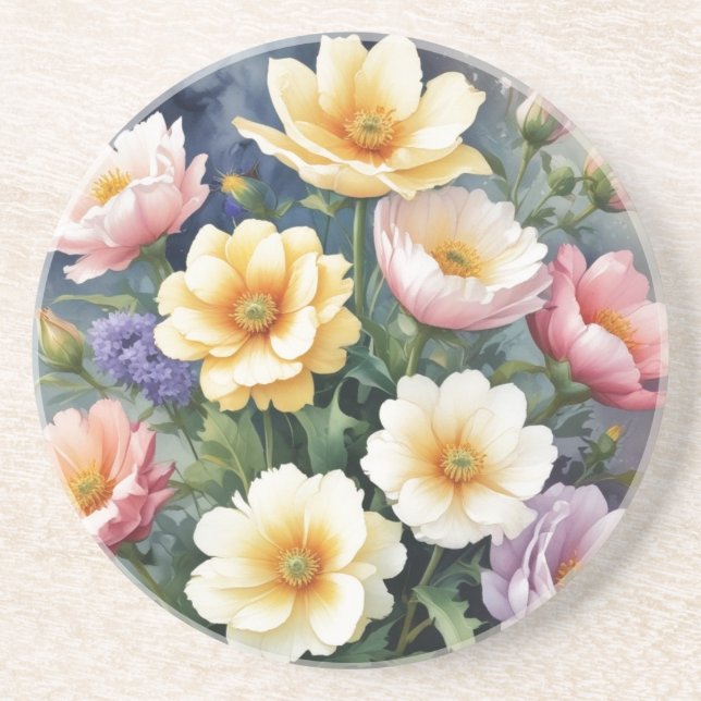 Colorful Flowers Elegant Watercolor Painting Coaster (Front)