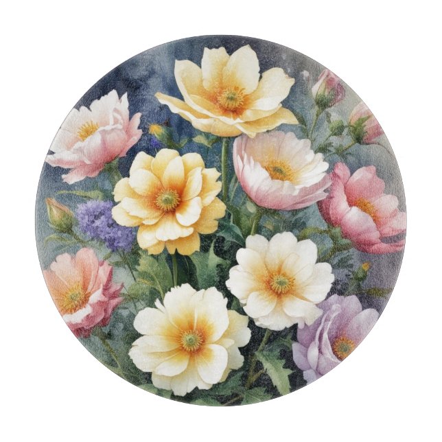 Colorful Flowers Elegant Watercolor Painting Cutting Board (Front)