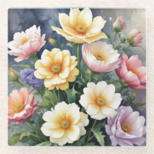 Colorful Flowers Elegant Watercolor Painting Glass Coaster