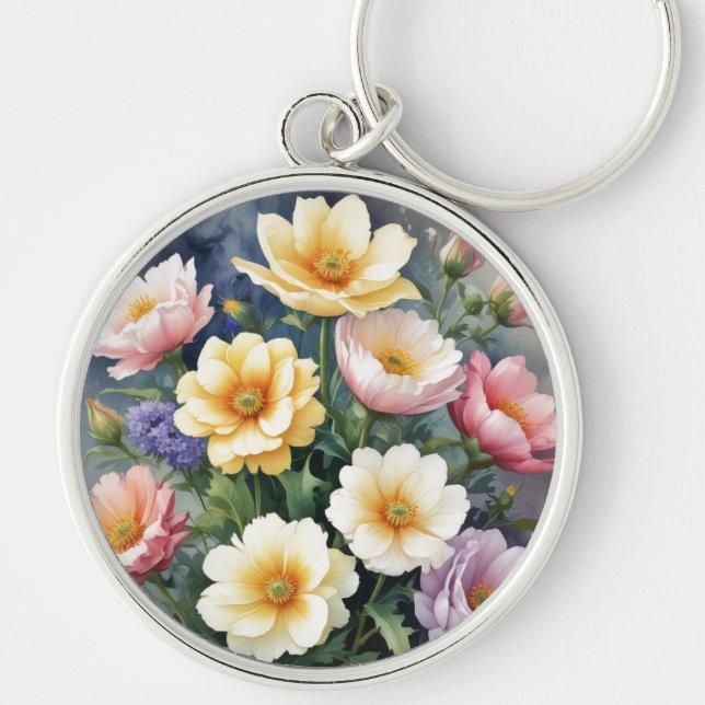 Colorful Flowers Elegant Watercolor Painting Keychain (Front)