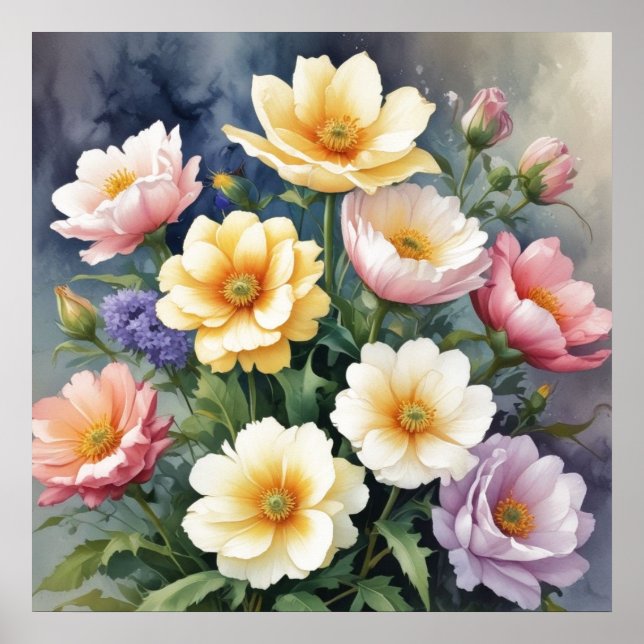 Colorful Flowers Elegant Watercolor Painting Poster (Front)