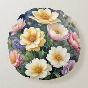 Colorful Flowers Elegant Watercolor Painting Round Pillow