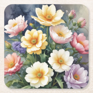 Colorful Flowers Elegant Watercolor Painting Square Paper Coaster