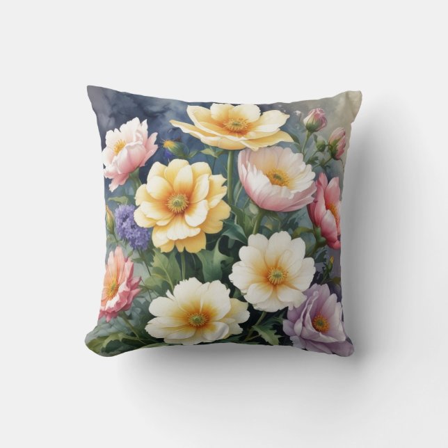 Colorful Flowers Elegant Watercolor Painting Throw Pillow (Front)