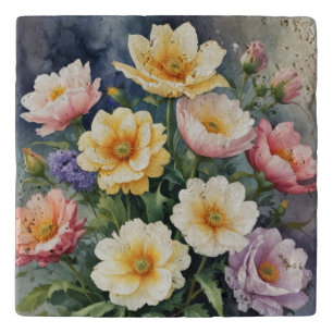 Colorful Flowers Elegant Watercolor Painting Trivet