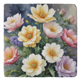Colorful Flowers Elegant Watercolor Painting Trivet