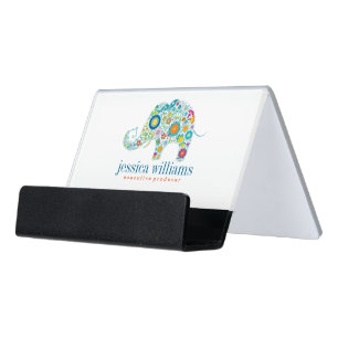 Colorful Flowers Elephant Illustration Desk Business Card Holder