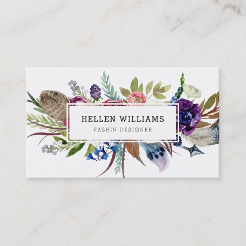 Colorful flowers  feathers bouquet business card