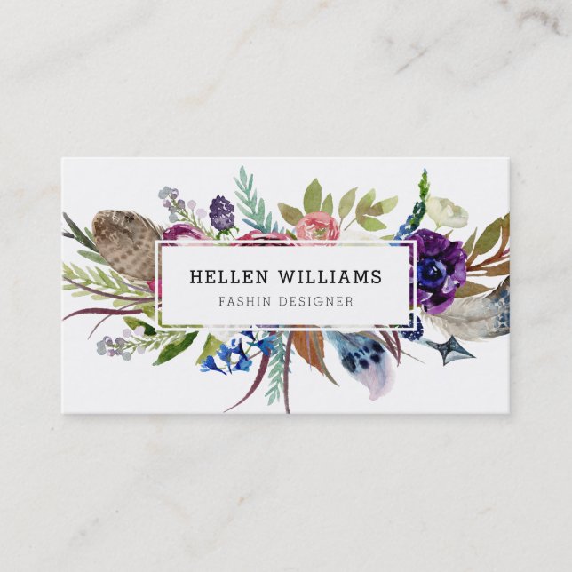 Colorful flowers & feathers bouquet business card (Front)