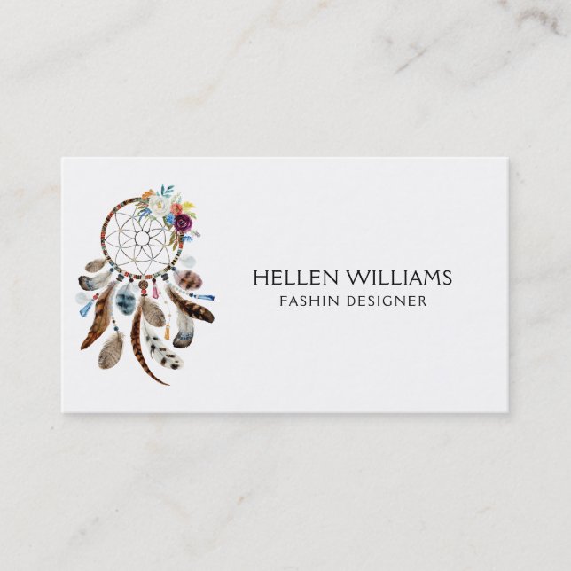 Colorful flowers & feathers dreamcatcher business card (Front)