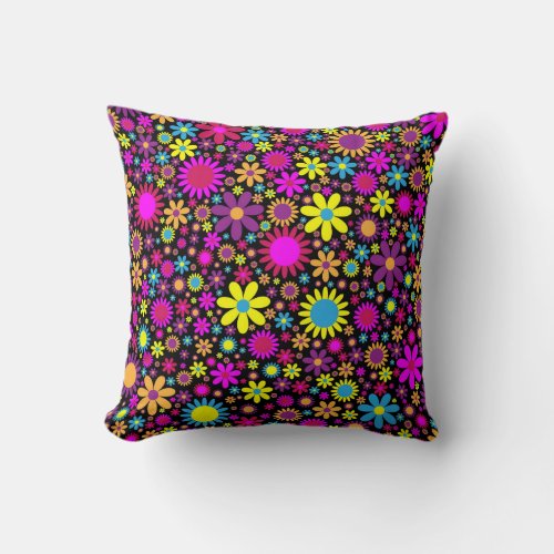 Colorful Flowers Floral Black Background Throw Pillow