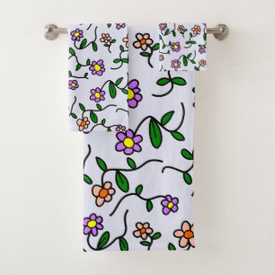 Colorful Flowers, Floral Pattern, Greenery, Boho Bath Towel Set