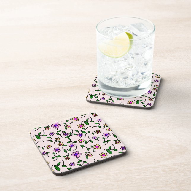 Colorful Flowers, Floral Pattern, Greenery, Boho Beverage Coaster (Right Side)