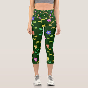 Colorful Flowers, Floral Pattern, Greenery, Boho Capri Leggings