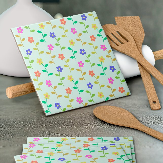 Colorful Flowers, Floral Pattern, Greenery, Boho Ceramic Tile (Creator Uploaded)