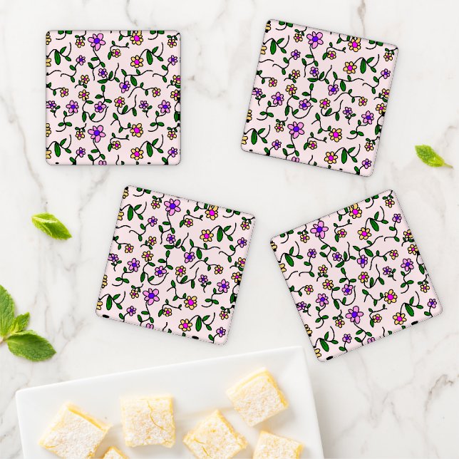 Colorful Flowers, Floral Pattern, Greenery, Boho Coaster Set (In Situ)