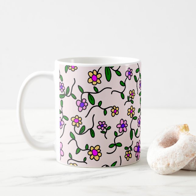 Colorful Flowers, Floral Pattern, Greenery, Boho Coffee Mug (With Donut)