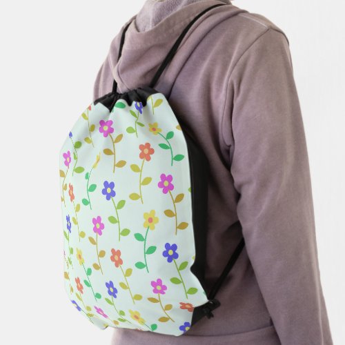 Colorful Flowers Floral Pattern Greenery Boho Drawstring Bag