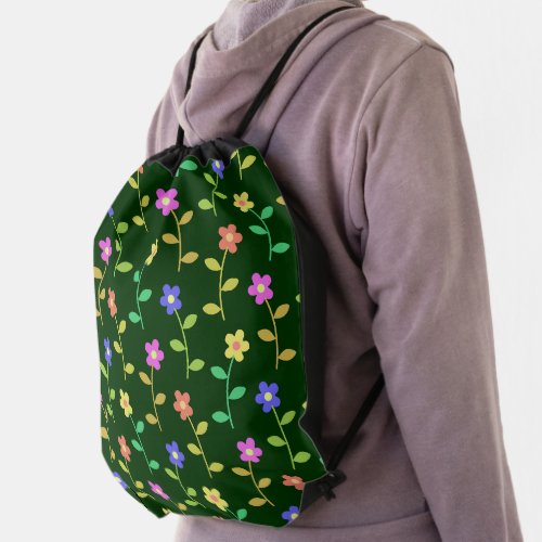 Colorful Flowers Floral Pattern Greenery Boho Drawstring Bag
