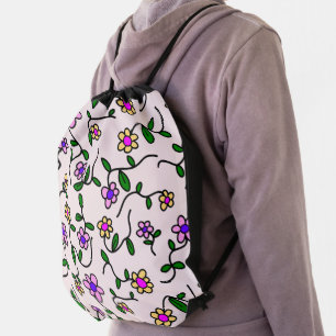 Colorful Flowers, Floral Pattern, Greenery, Boho Drawstring Bag