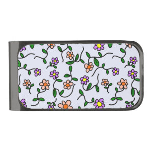Colorful Flowers, Floral Pattern, Greenery, Boho Gunmetal Finish Money Clip