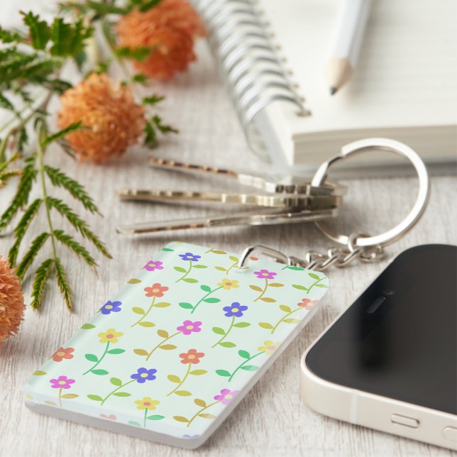 Colorful Flowers, Floral Pattern, Greenery, Boho Keychain (Front Right)